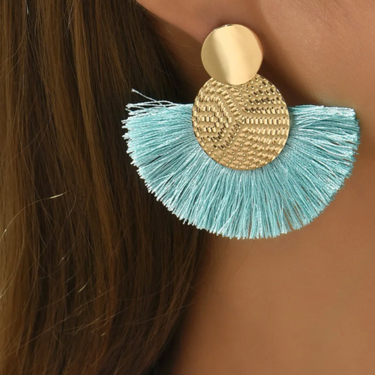 Golden Fan Shape Tassel Earrings