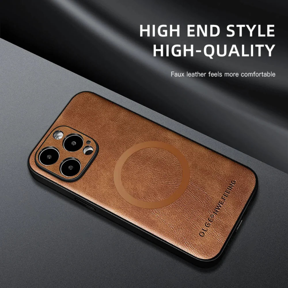Vegan Leatther Magnetic charging compatible Phone Case for iPhone 13 to 17