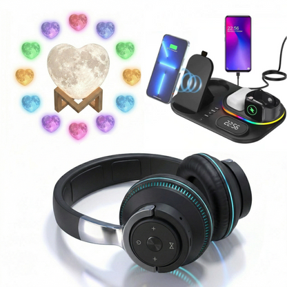 Luminous 3 PCS Headphone, Wireless Charging Station and Heart Shape Lamp Bundle