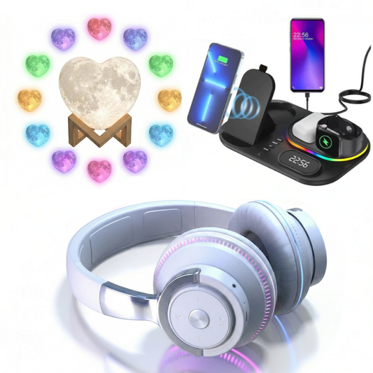 Luminous 3 PCS Headphone, Wireless Charging Station and Heart Shape Lamp Bundle