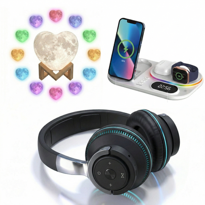 Luminous 3 PCS Headphone, Wireless Charging Station and Heart Shape Lamp Bundle