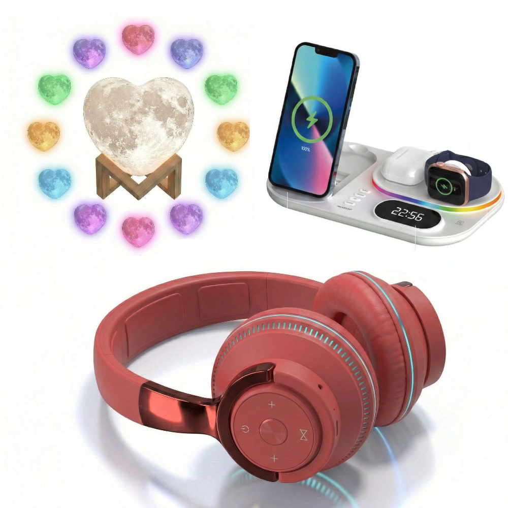Luminous 3 PCS Headphone, Wireless Charging Station and Heart Shape Lamp Bundle