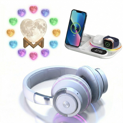 Luminous 3 PCS Headphone, Wireless Charging Station and Heart Shape Lamp Bundle