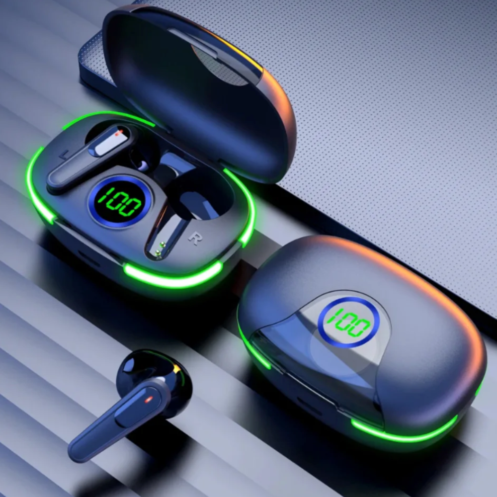 Wireless Bluetooth Earbuds With Green LED Light On the Charging Case