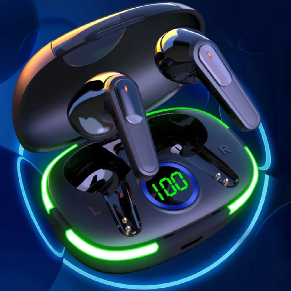 Wireless Bluetooth Earbuds With Green LED Light On the Charging Case