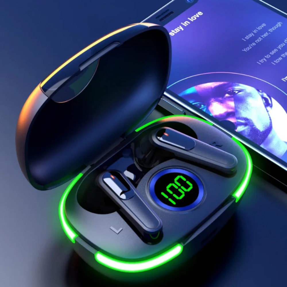 Wireless Bluetooth Earbuds With Green LED Light On the Charging Case
