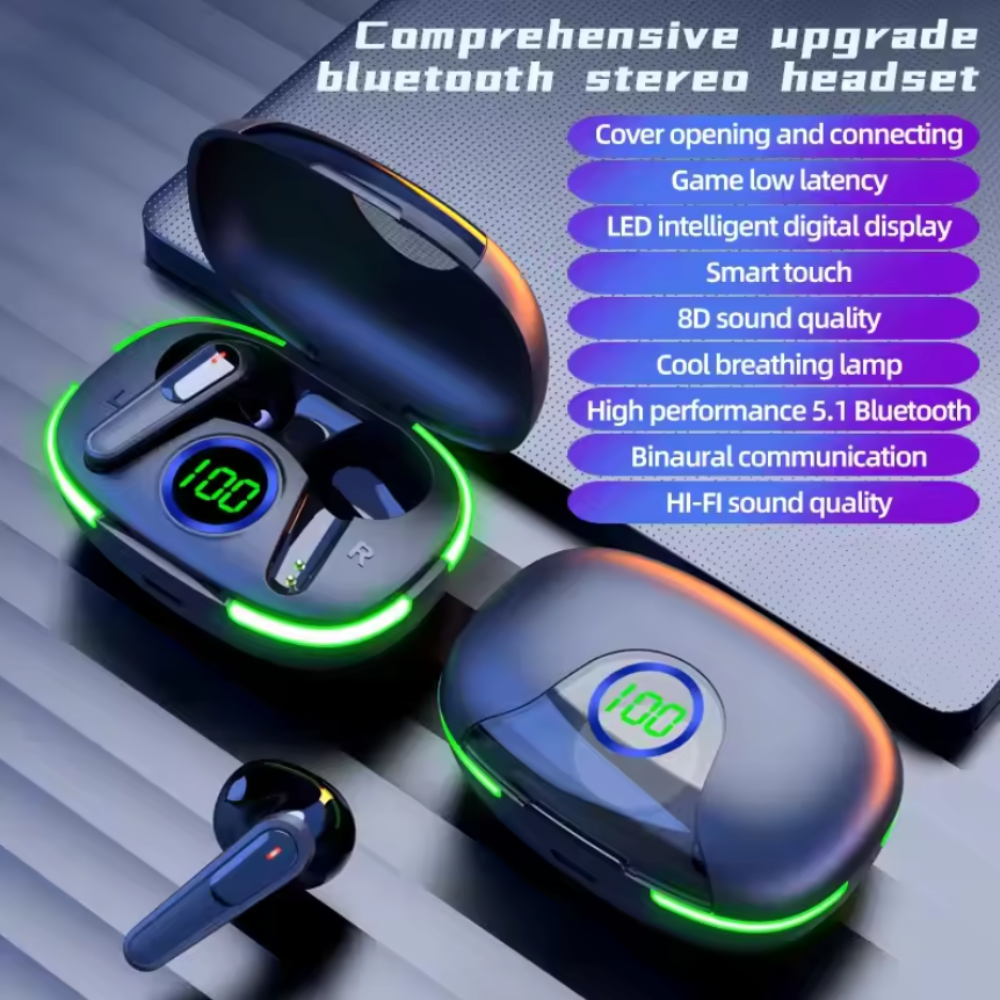 Wireless Bluetooth Earbuds With Green LED Light On the Charging Case
