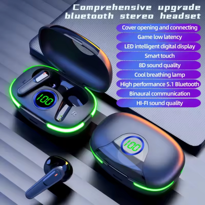 Wireless Bluetooth Earbuds With Green LED Light On the Charging Case