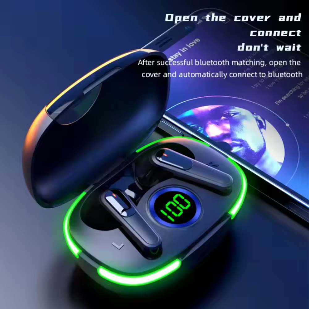 Wireless Bluetooth Earbuds With Green LED Light On the Charging Case