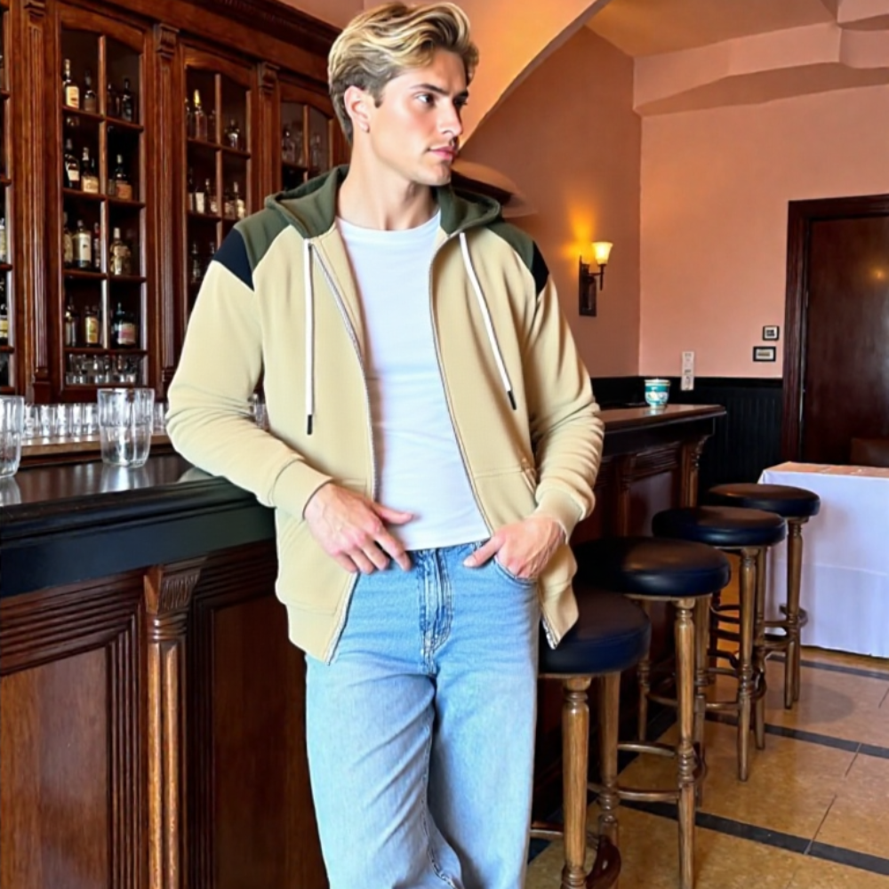 Mens Zipped Up Hoodie with Shoulder Details