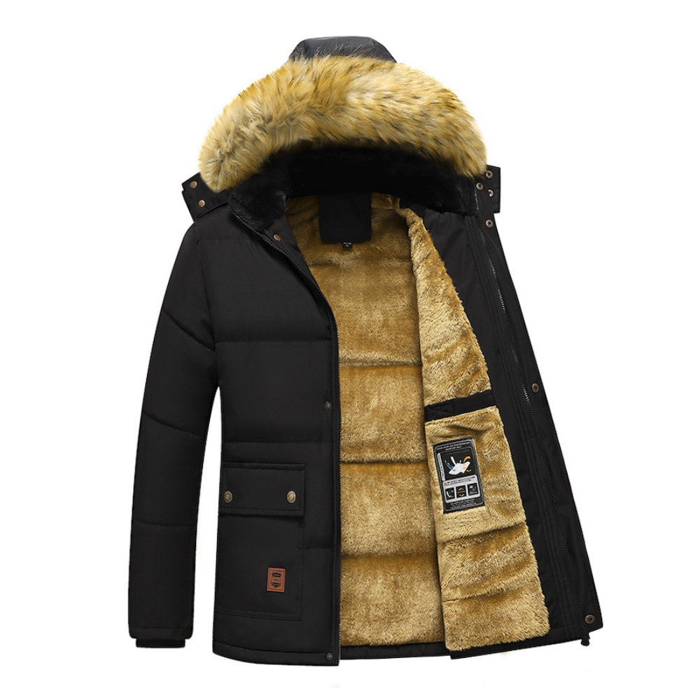 Mens Mid Length Removable Hooded Jacket with Faux Fur Inner Lining