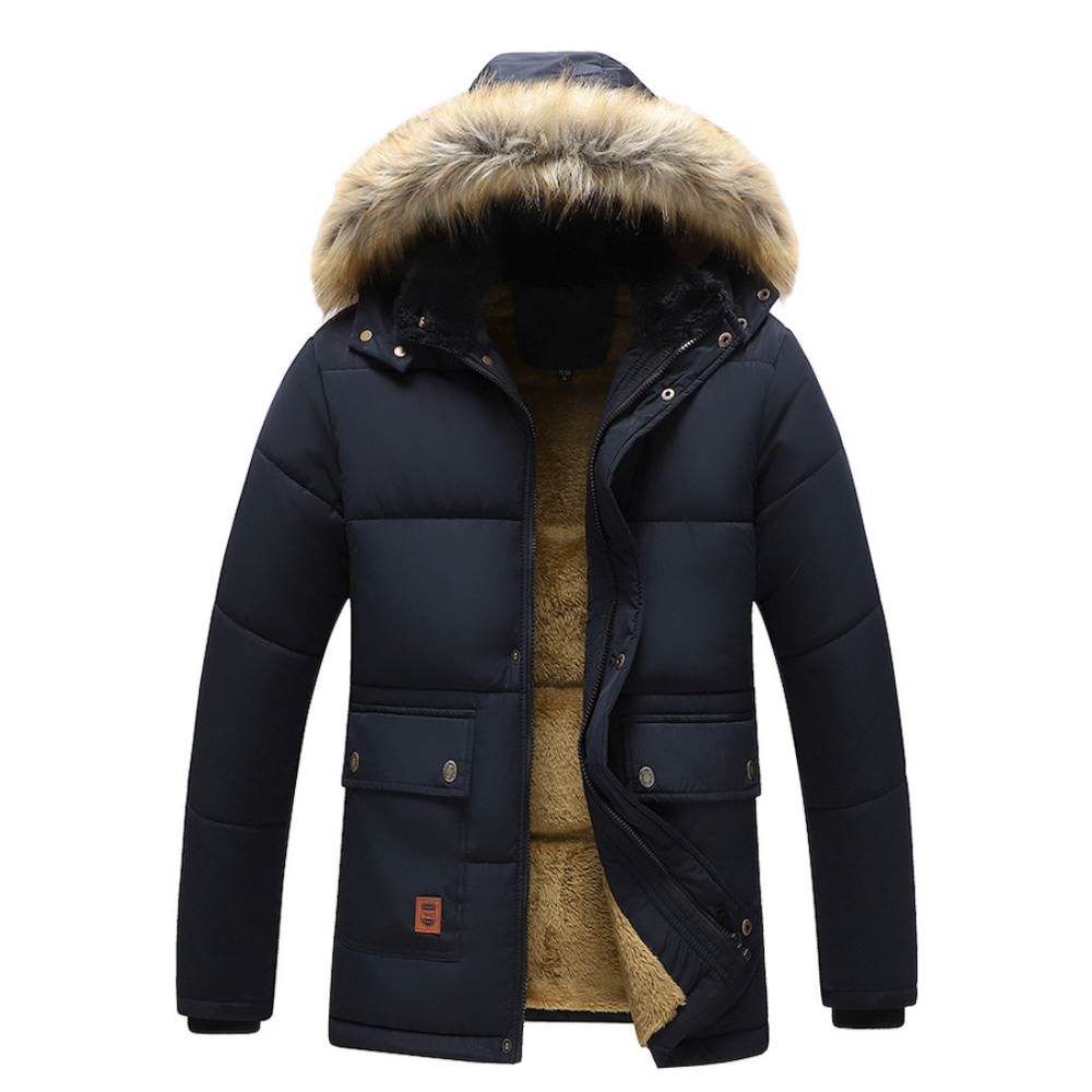 Mens Mid Length Removable Hooded Jacket with Faux Fur Inner Lining