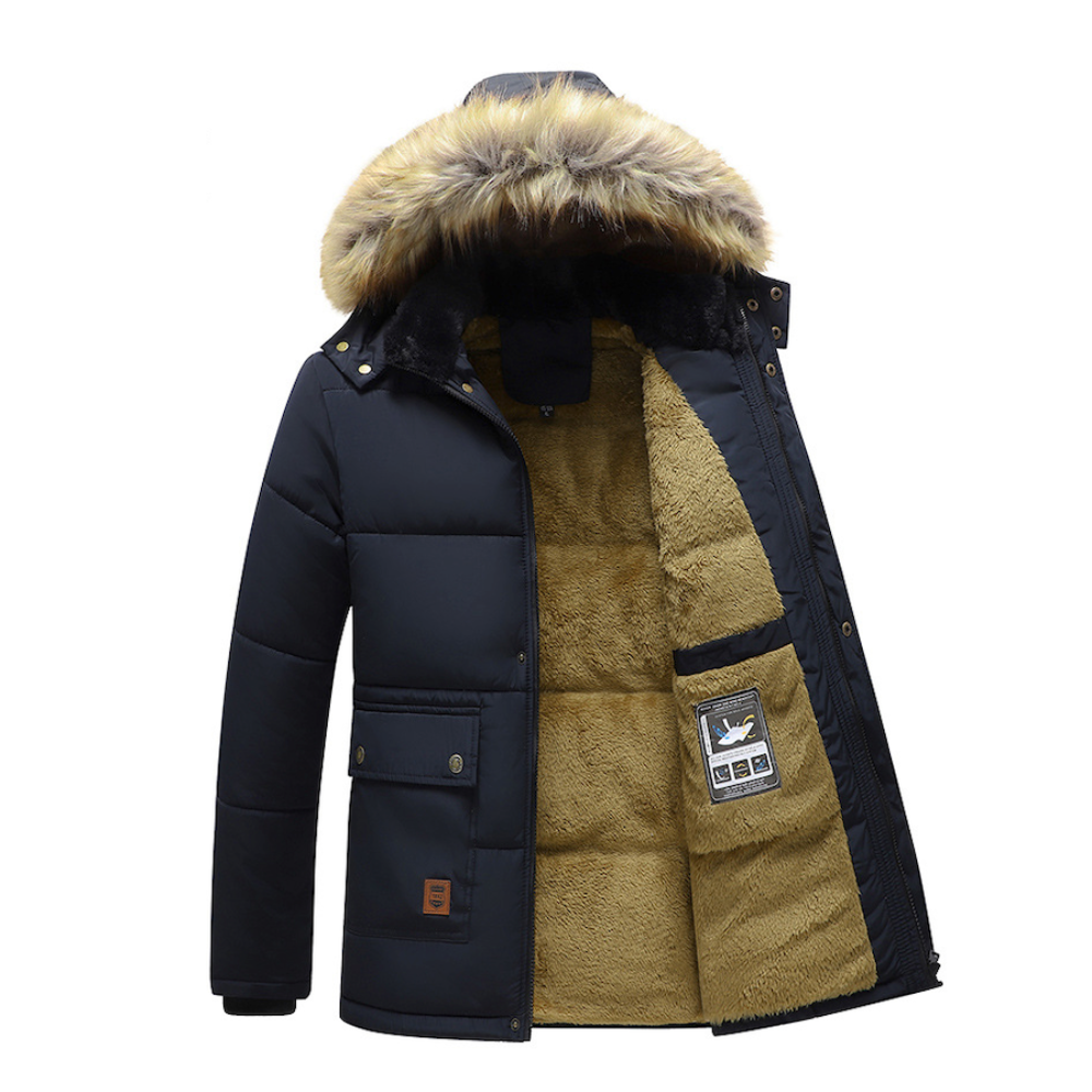 Mens Mid Length Removable Hooded Jacket with Faux Fur Inner Lining