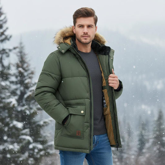 Mens Mid Length Removable Hooded Jacket with Faux Fur Inner Lining