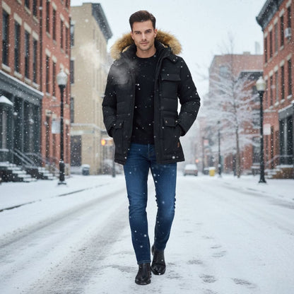 Mens Mid Length Removable Hooded Jacket with Faux Fur Inner Lining