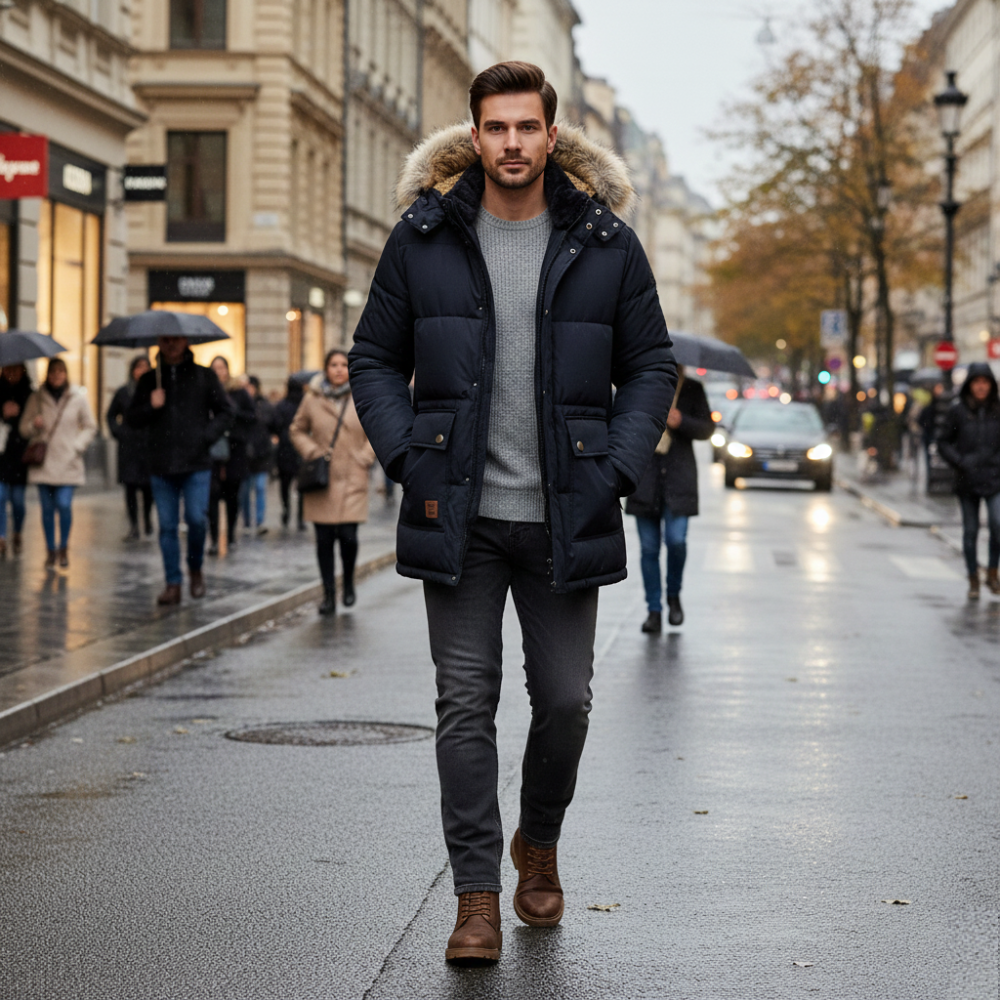 Mens Mid Length Removable Hooded Jacket with Faux Fur Inner Lining