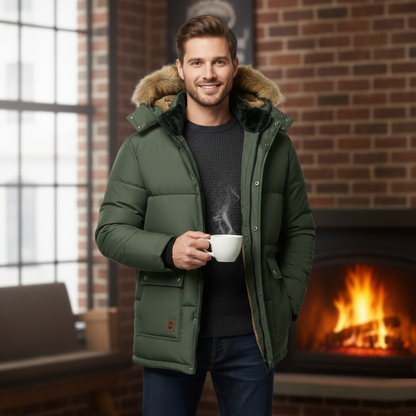 Mens Mid Length Removable Hooded Jacket with Faux Fur Inner Lining
