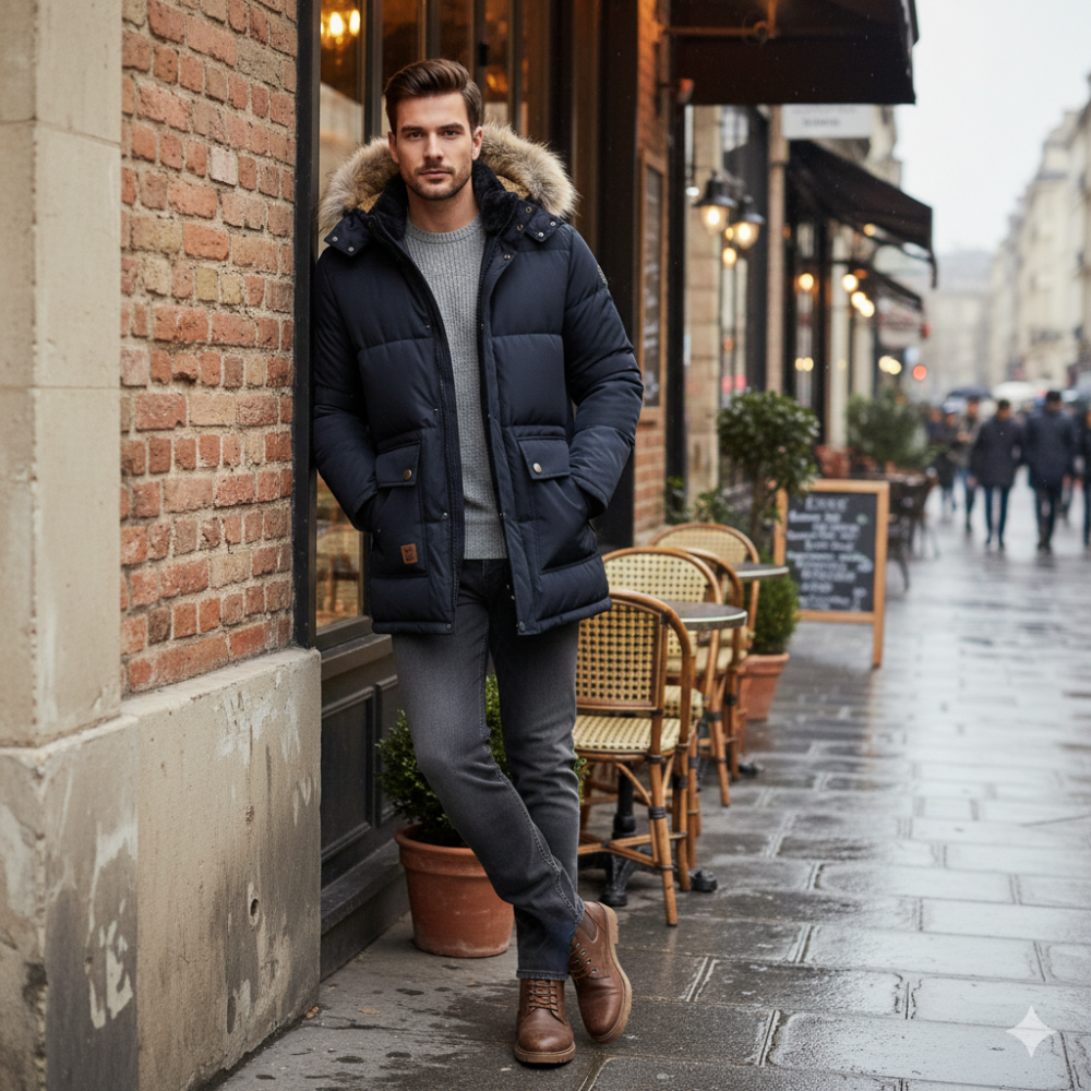 Mens Mid Length Removable Hooded Jacket with Faux Fur Inner Lining