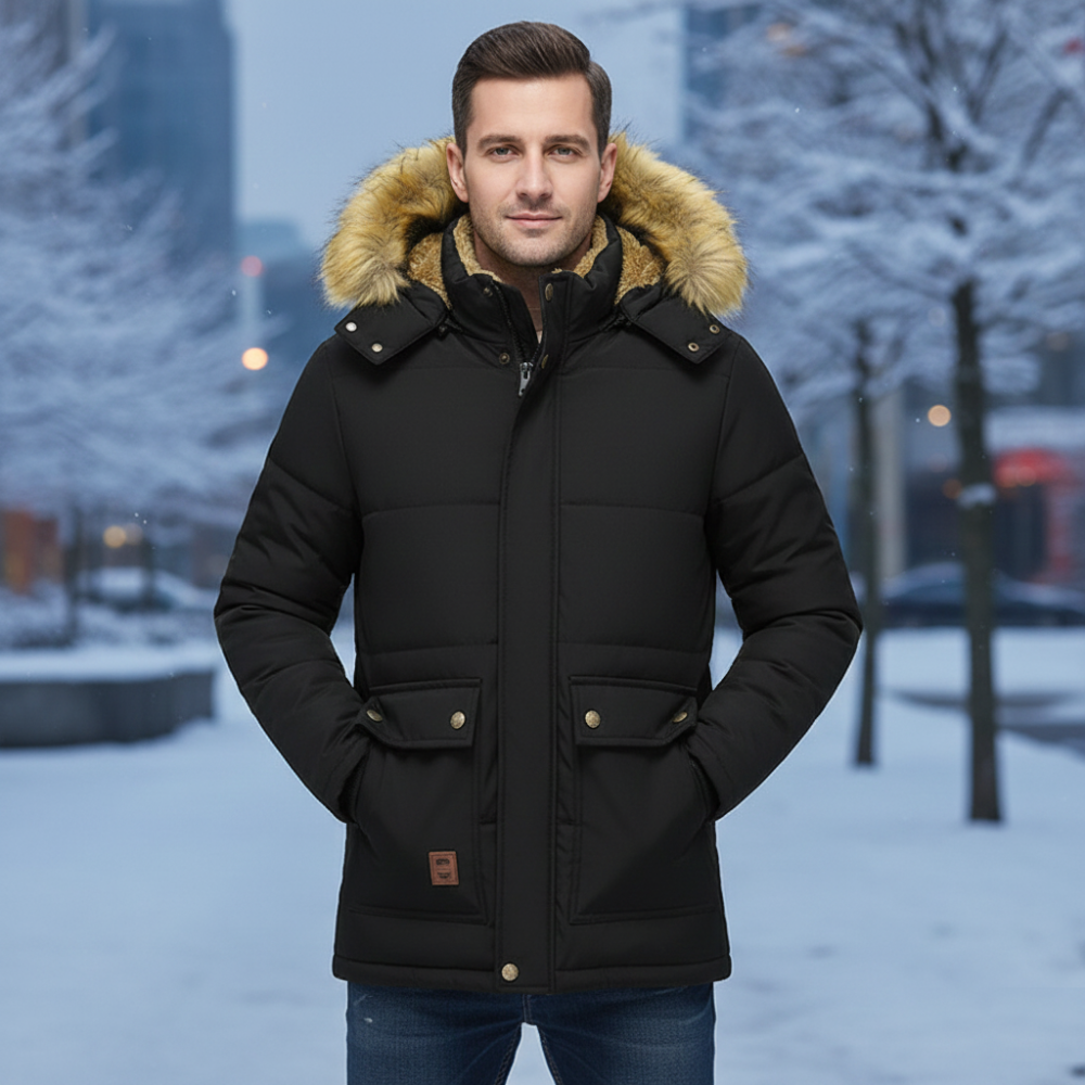 Mens Mid Length Removable Hooded Jacket with Faux Fur Inner Lining