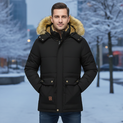 Mens Mid Length Removable Hooded Jacket with Faux Fur Inner Lining