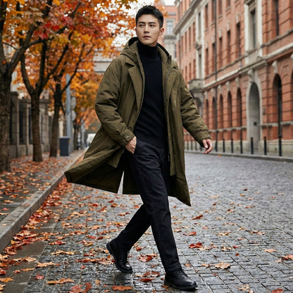 Mens Layered Look Quilted Trench With Hood