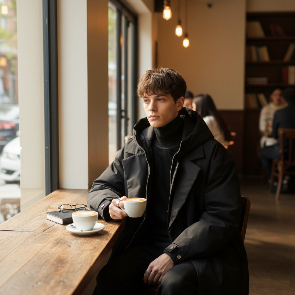 Mens Layered Look Quilted Trench With Hood