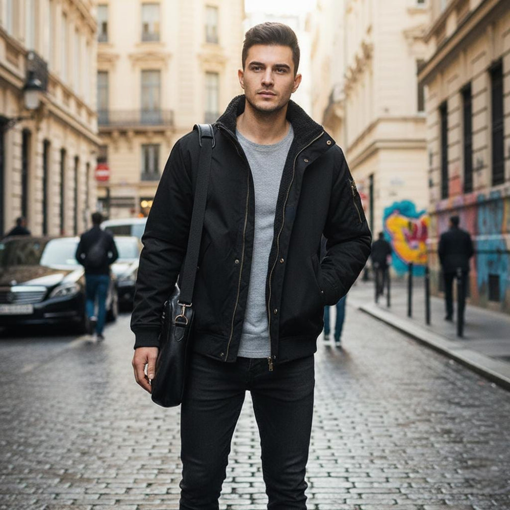 Mens High Neck Bomber Jacket With Inner Faux Fur Lining