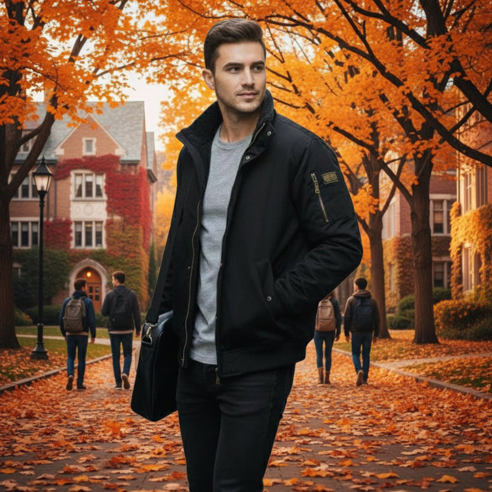 Mens High Neck Bomber Jacket With Inner Faux Fur Lining