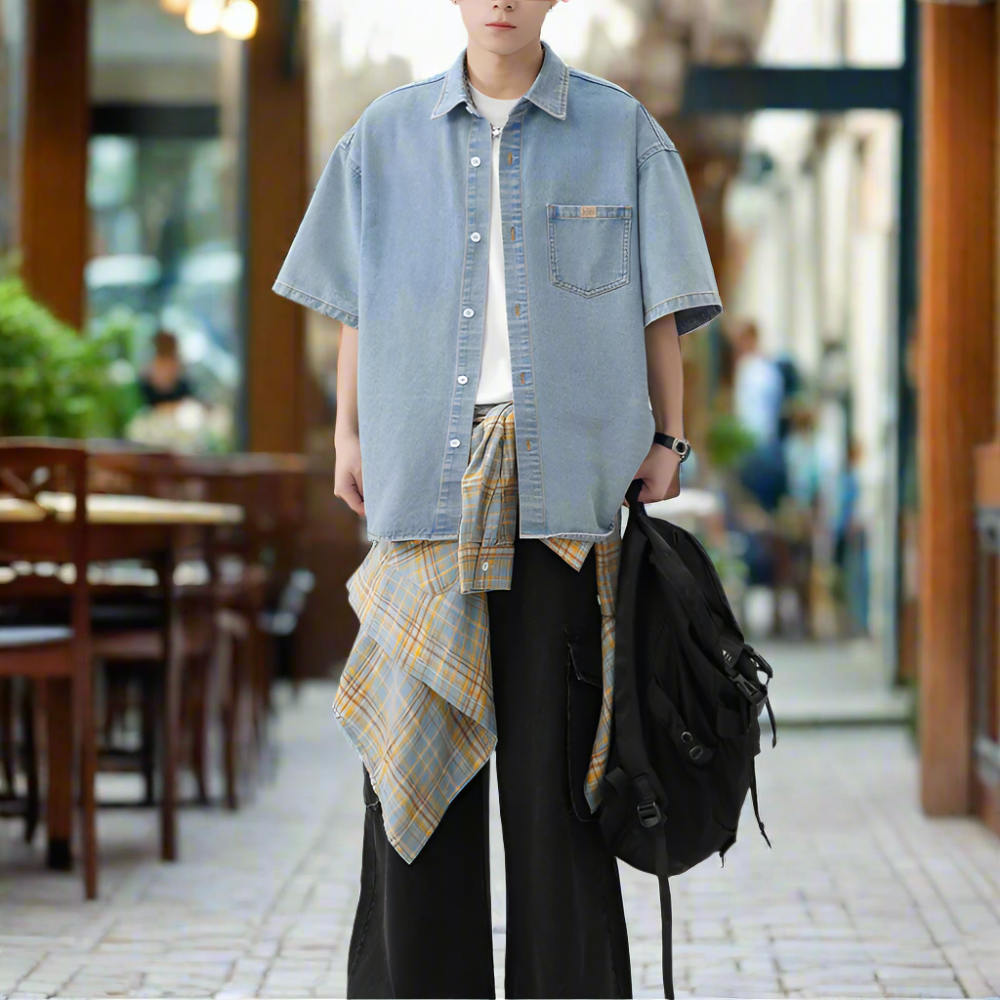 Men 's Over Size Washed Denim Short Sleeve Shirt