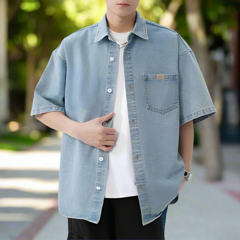 Men 's Over Size Washed Denim Short Sleeve Shirt