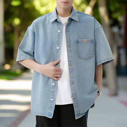 Men 's Over Size Washed Denim Short Sleeve Shirt