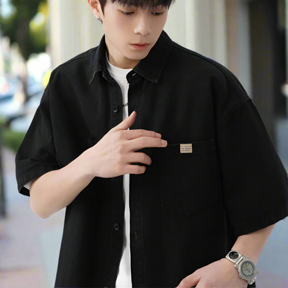 Men 's Over Size Washed Denim Short Sleeve Shirt