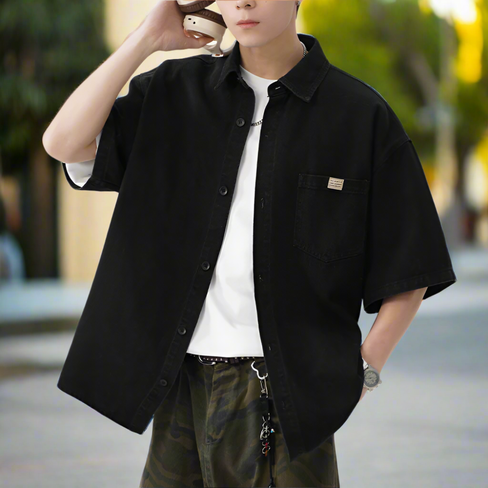 Men 's Over Size Washed Denim Short Sleeve Shirt