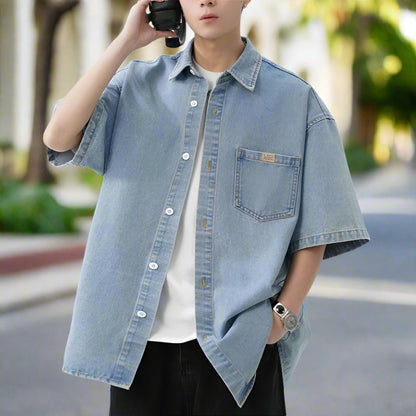 Men 's Over Size Washed Denim Short Sleeve Shirt