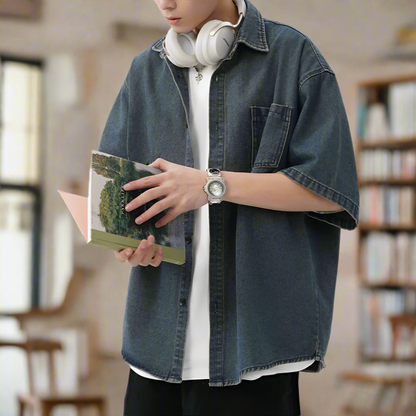 Men 's Over Size Washed Denim Short Sleeve Shirt