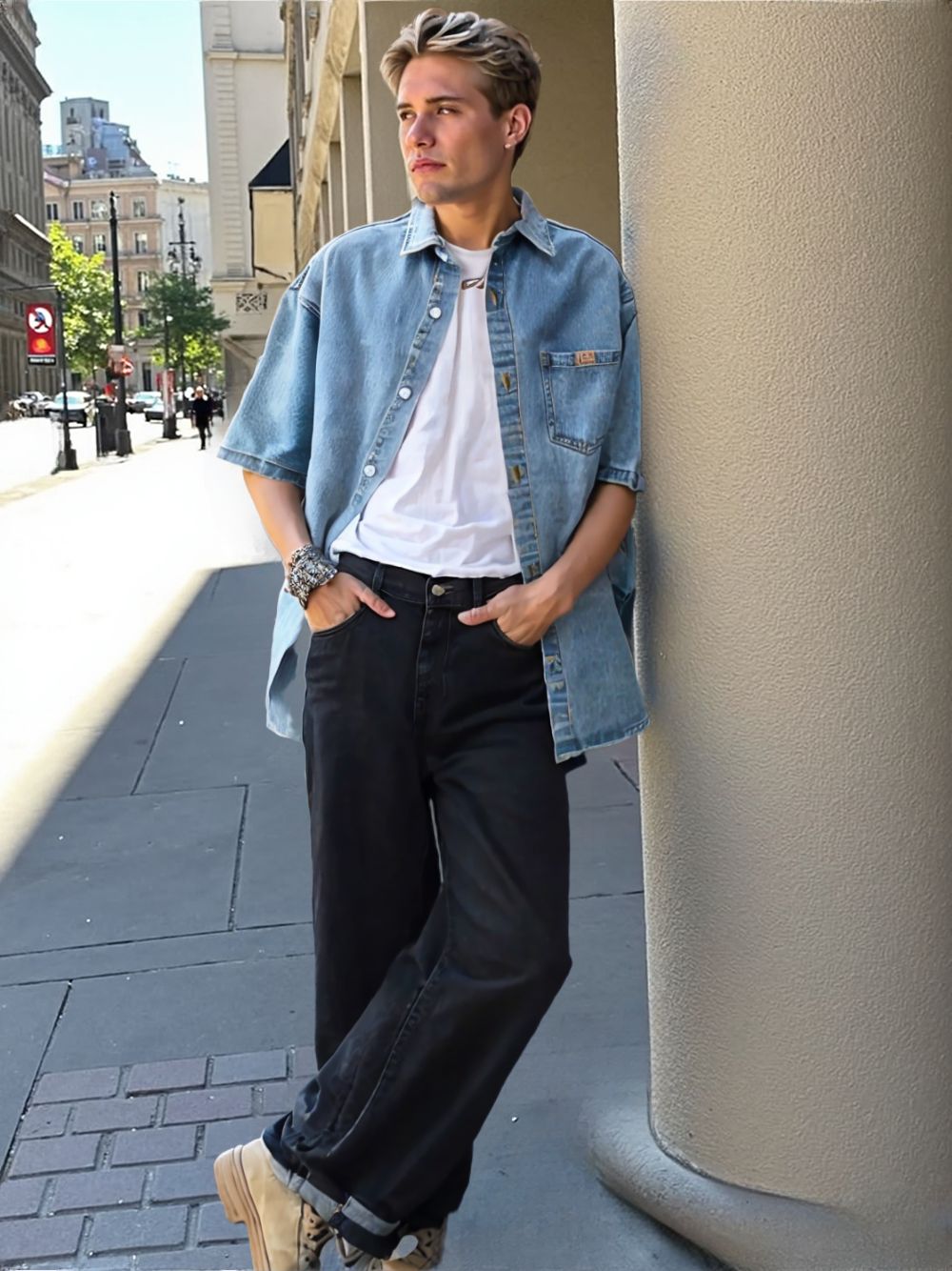 Men 's Over Size Washed Denim Short Sleeve Shirt