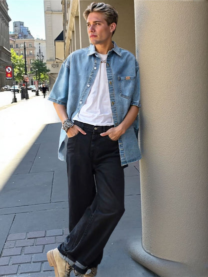 Men 's Over Size Washed Denim Short Sleeve Shirt