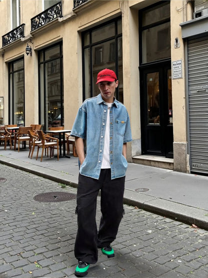 Men 's Over Size Washed Denim Short Sleeve Shirt