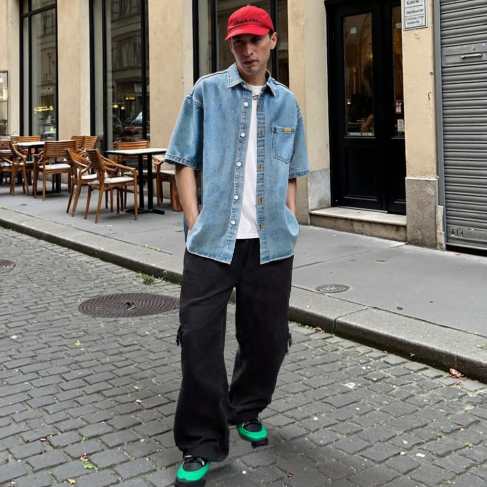 Men 's Over Size Washed Denim Short Sleeve Shirt