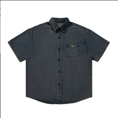 Men 's Over Size Washed Denim Short Sleeve Shirt