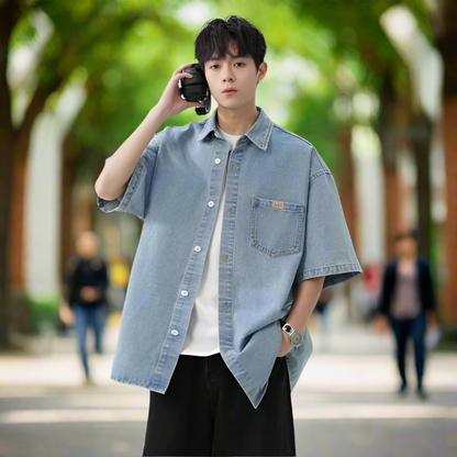 Men 's Over Size Washed Denim Short Sleeve Shirt