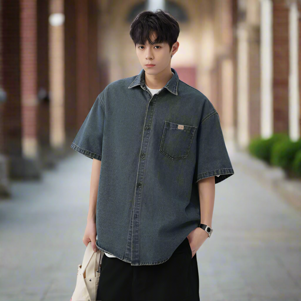 Men 's Over Size Washed Denim Short Sleeve Shirt