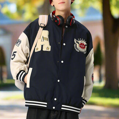Mens Oversize Two Tone Embroidery Patch Baseball Jacket