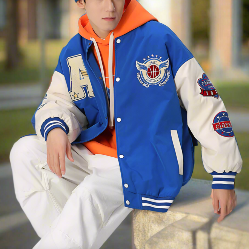 Mens Oversize Two Tone Embroidery Patch Baseball Jacket