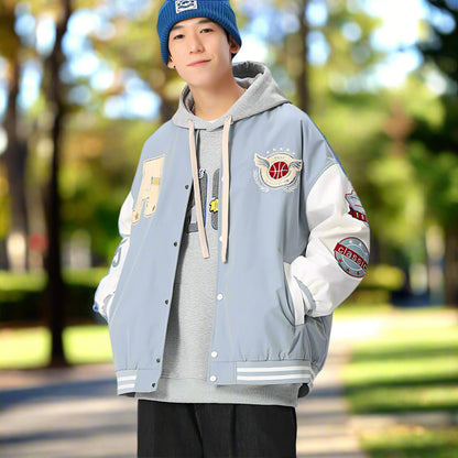 Mens Oversize Two Tone Embroidery Patch Baseball Jacket
