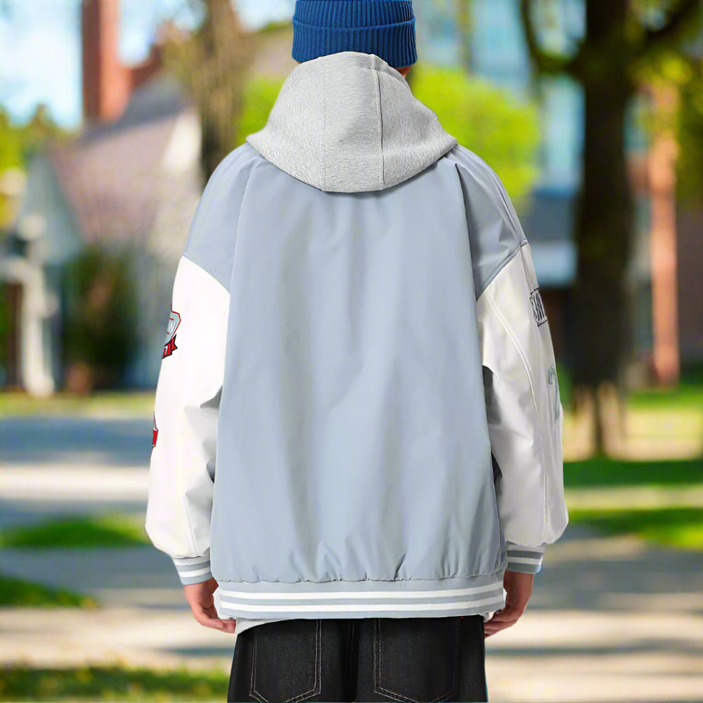 Mens Oversize Two Tone Embroidery Patch Baseball Jacket