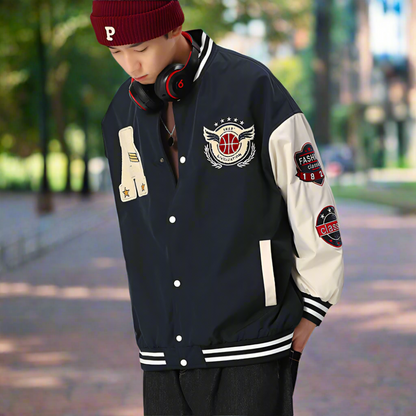 Mens Oversize Two Tone Embroidery Patch Baseball Jacket