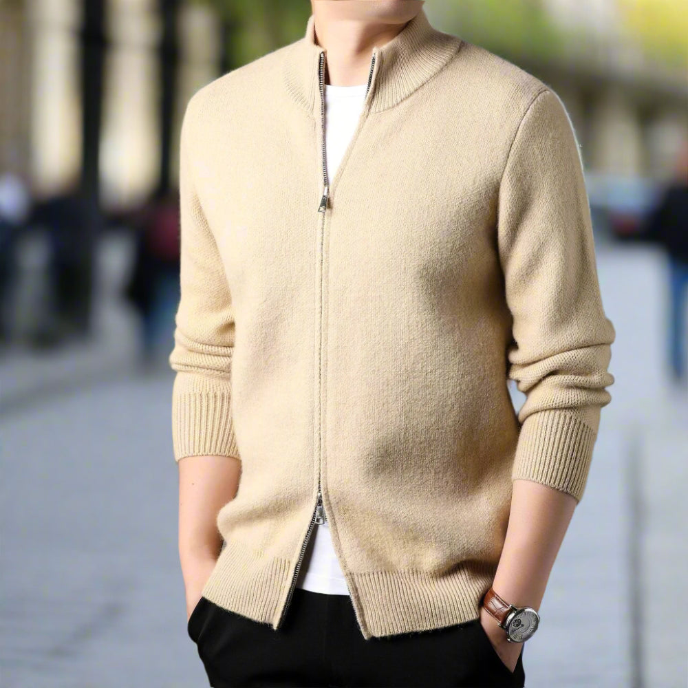 Mens Stand Collar Duble Zip Cardigan
