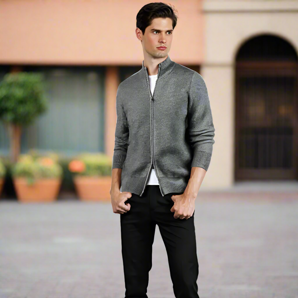 Mens Stand Collar Duble Zip Cardigan