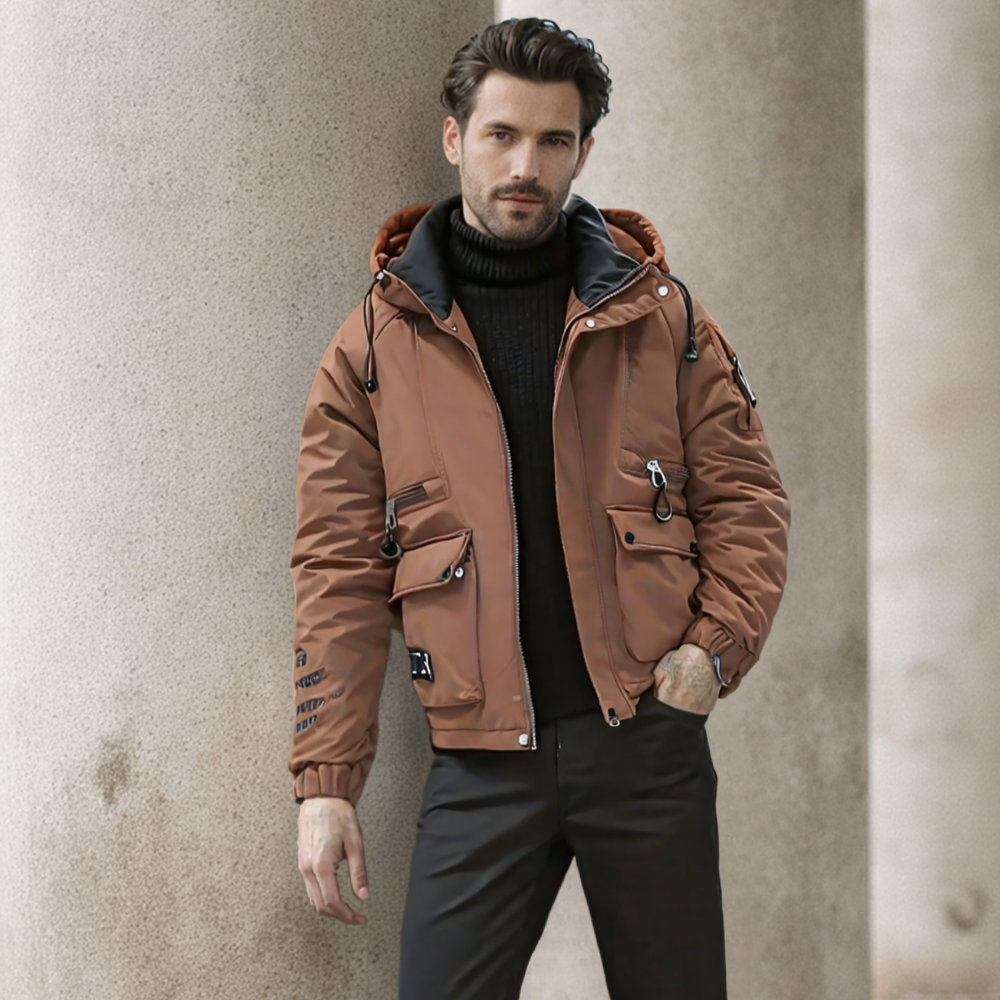 Mens High Collar Zipper Hooded Jacket